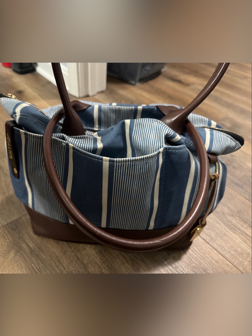 R. Riveter Navy Striped Canvas mini dr bag Tote with Brown Leather Accents